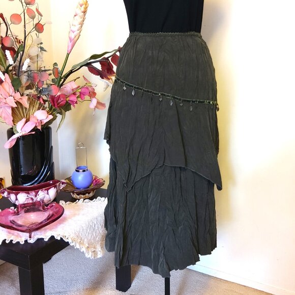 NWT Women Olive Green 2-Layers of Tiered Lined Skirt Elastic High Waist Skirt 14 - Picture 3 of 11